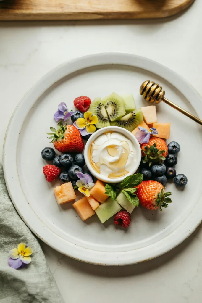 A white ceramic platter arranged with fresh fruit (strawberries, blueberries, raspberries, kiwi slices, melon chunks) arranged in a loose flower pattern around a small bowl of yogurt or honey dip in the center. Edible flowers (pansies or violets, if available) scattered between the fruit for color contrast.