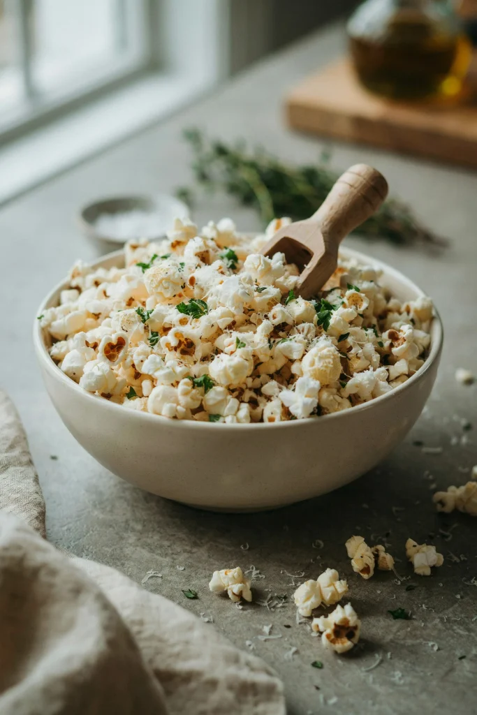 A bowl overflowing with freshly popped popcorn lightly tossed with grated parmesan cheese and herbs, creating a flecked, shimmery appearance like "pixie dust." A small wooden scoop rests in the bowl. Soft, natural lighting.