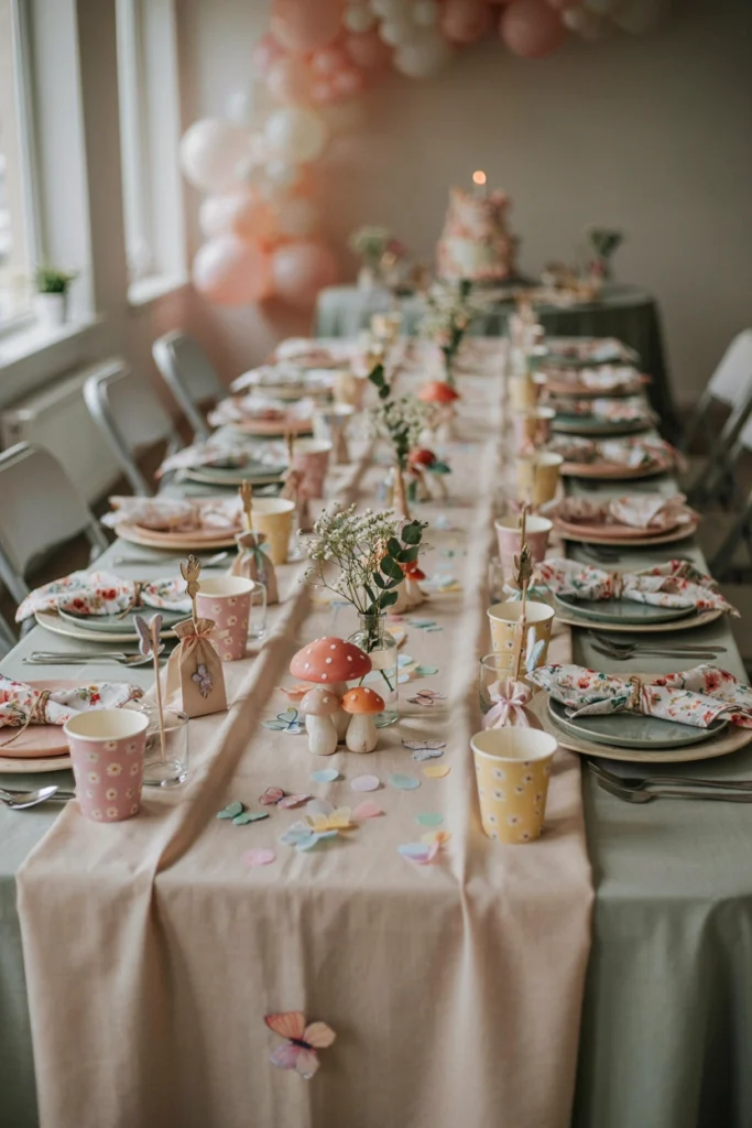 A coordinated fairy party table set with matching plates, napkins, banner, balloons, and cupcake toppers