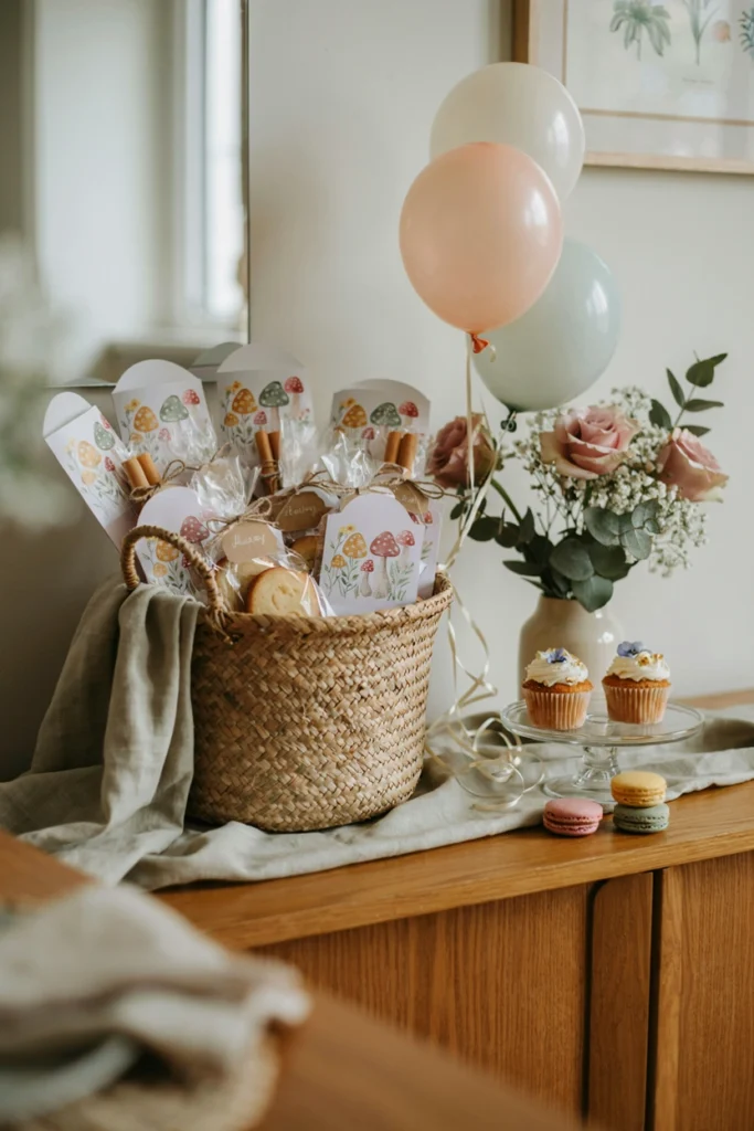 Woodland fairy party favor bags with mushroom and floral motifs tied with ribbon