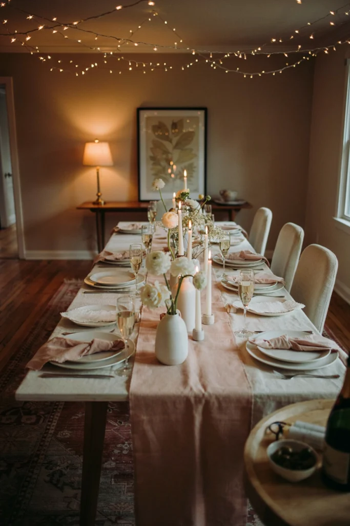 A dining room in a home, completely transformed: blush linens on the table, white flowers in various vases, fairy lights overhead, champagne flutes set at each place, white candles creating ambiance. It looks like a restaurant, but it's someone's dining room.