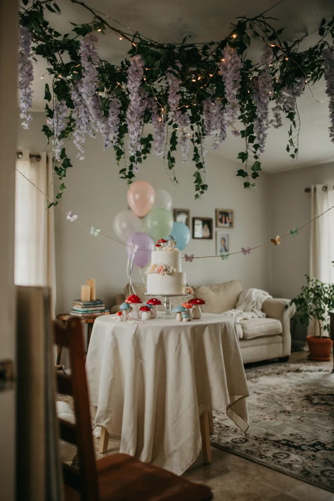 Cascading wisteria and ivy vines with paper butterflies hung from the ceiling for a fairy garden first birthday party
