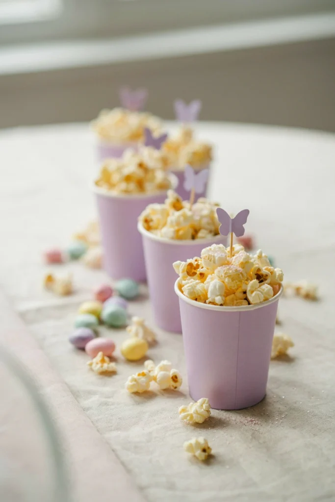 A bowl of parmesan and herb popcorn labeled pixie dust for a fairy birthday party