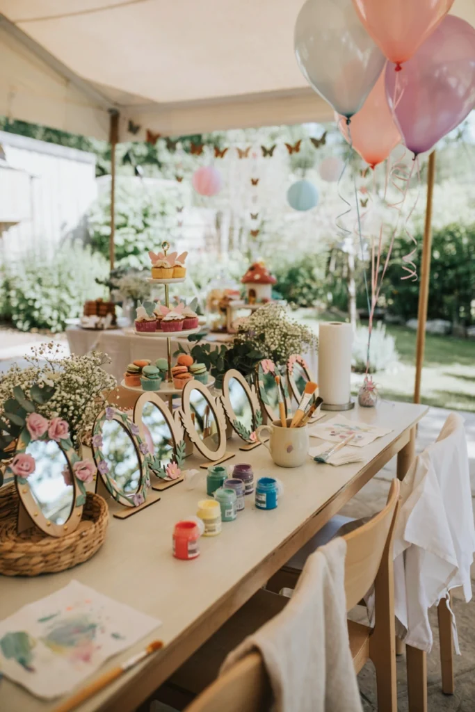 A wooden fairy mirror painting craft station set up for kids at a birthday party