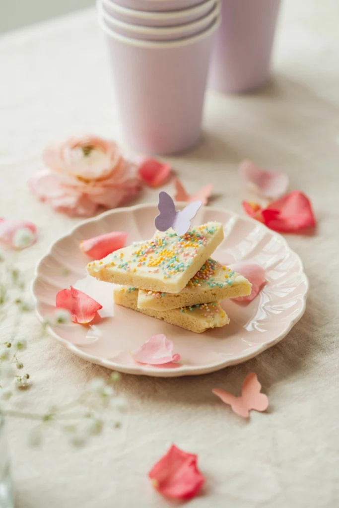 Fairy bread triangles topped with rainbow sprinkles arranged tightly on a plate