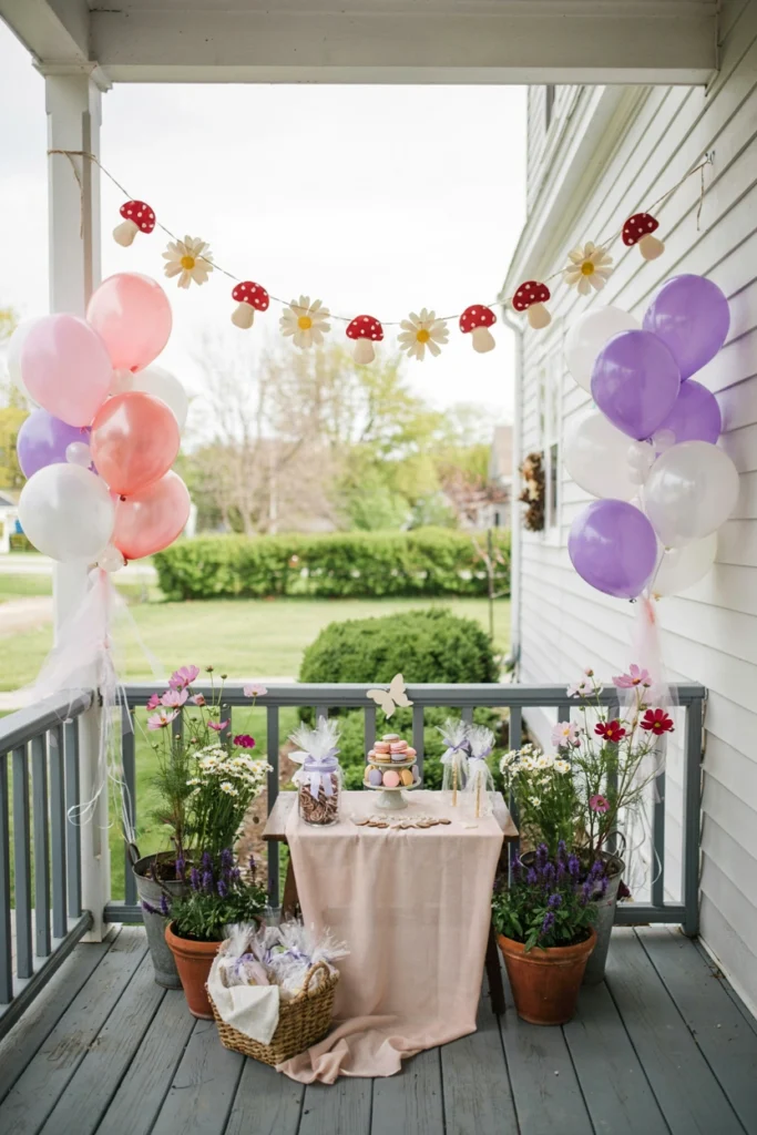 A mushroom and flower fairy party welcome banner hung over an entrance for a first birthday party