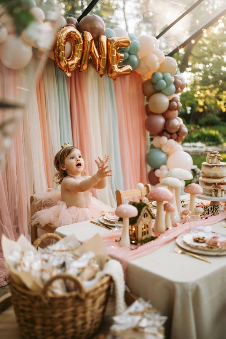 A pastel fairy first birthday tablescape with a tulle backdrop, mushroom centerpieces, and a one-year-old in a tutu reaching for a balloon garland. Soft, golden afternoon light.