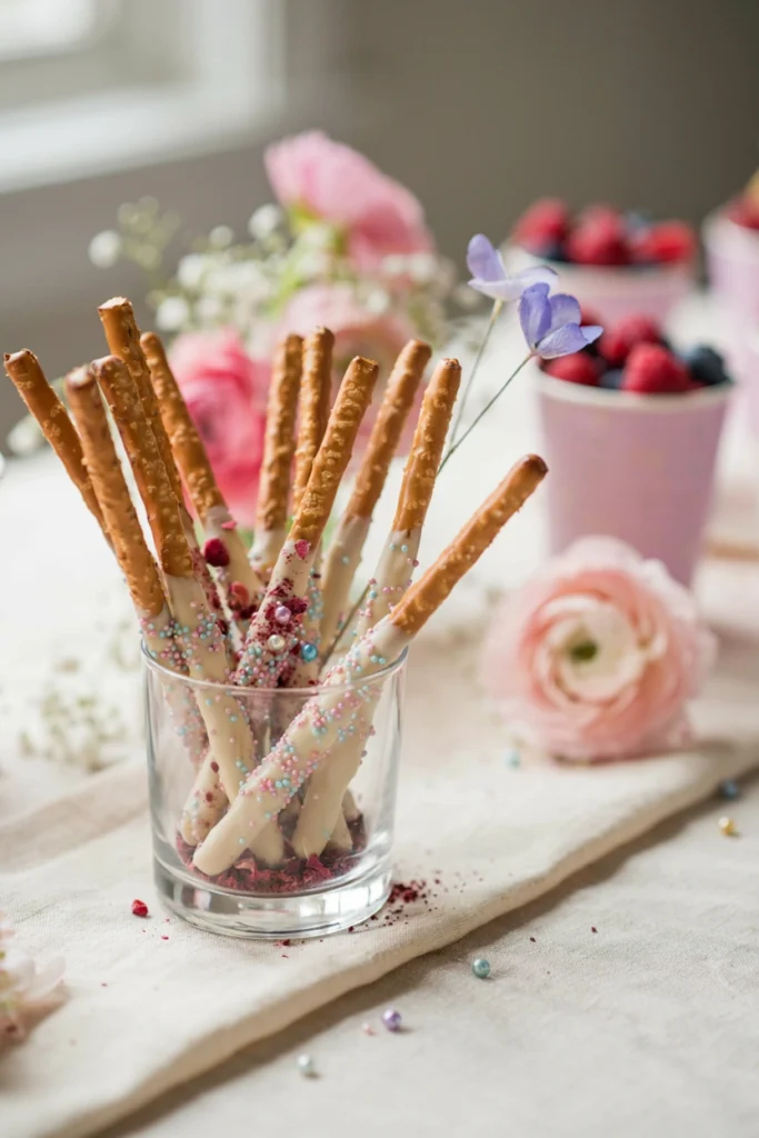 Pretzel rods dipped in white chocolate, topped with fresh berries and pastel edible glitter, standing upright like fairy wands