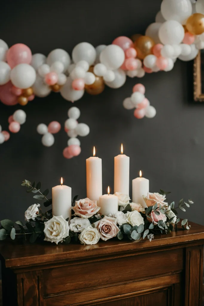 String lights (warm white fairy lights) draped vertically from ceiling to table, with eucalyptus or ivy woven between the strands. Creates a curtain effect of light and greenery. Dramatic, textured, very Pinterest-worthy