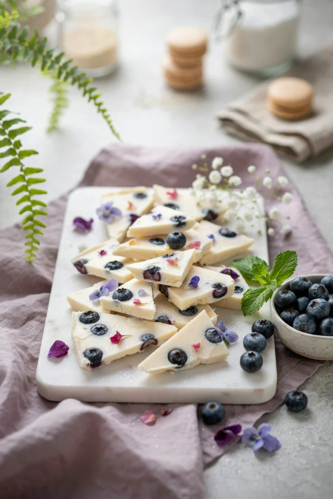 Frozen yogurt bark studded with blueberries and edible flowers, broken into shards