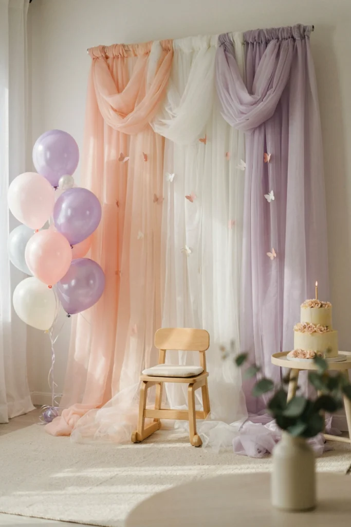 Layered soft tulle in blush and lavender tones draped across a wall as a fairy first birthday party backdrop