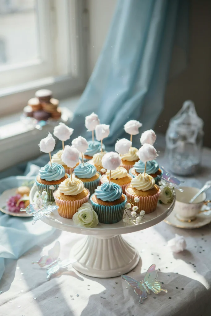 Small cupcakes topped with wisps of cotton candy on toothpicks like little clouds