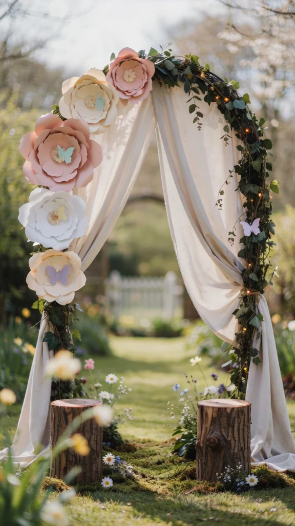 An outdoor fairy party arch draped in soft fabric with oversized paper flowers, trailing greenery, fairy lights, and butterflies, flanked by wooden stump seats in a garden setting