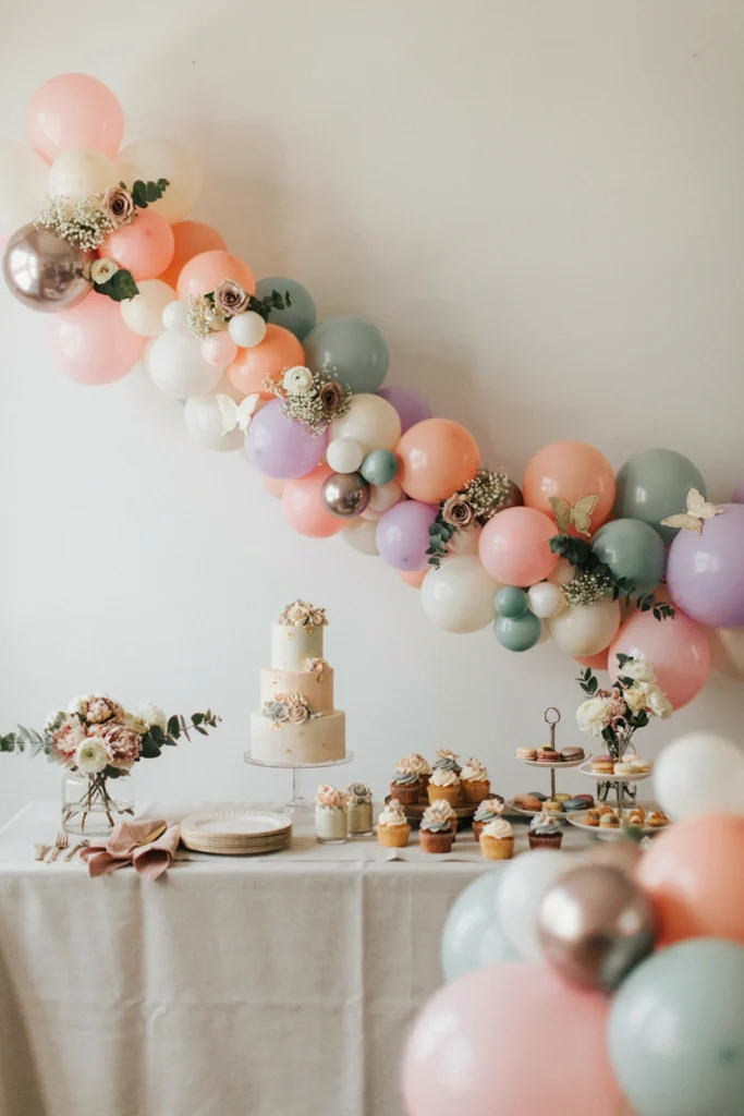 A pastel balloon garland with floral accents styled as a fairy first birthday photo backdrop