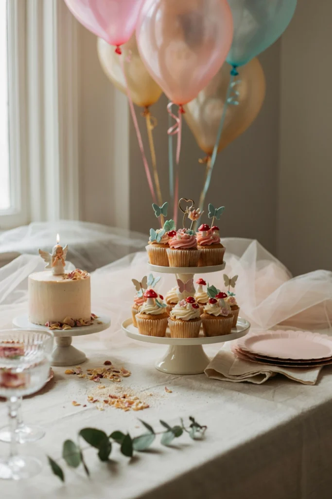 A tiered cupcake tower topped with coordinating fairy cupcake toppers at a first birthday party