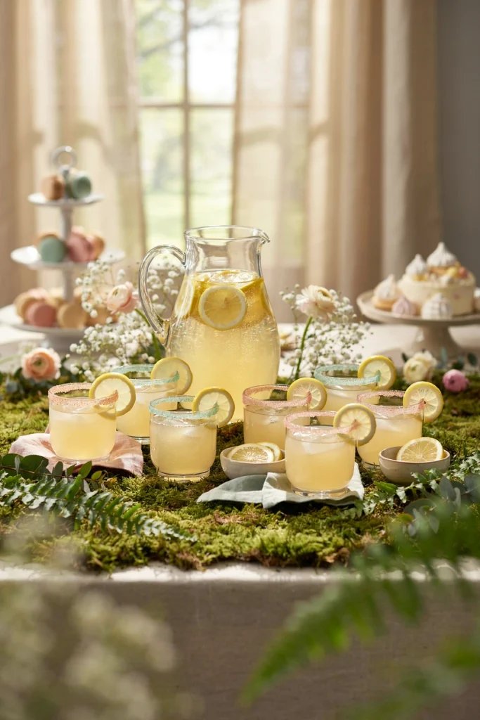 A pitcher of lemonade with edible glitter swirled through it beside sugar-rimmed glasses