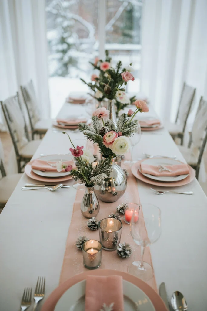 A winter wonderland display featuring pure white flowers, bright white linens, blush pink napkins folded artfully, silver mercury glass vases, and sparkling silver accents throughout. Cool-toned, icy-feeling but still warm
