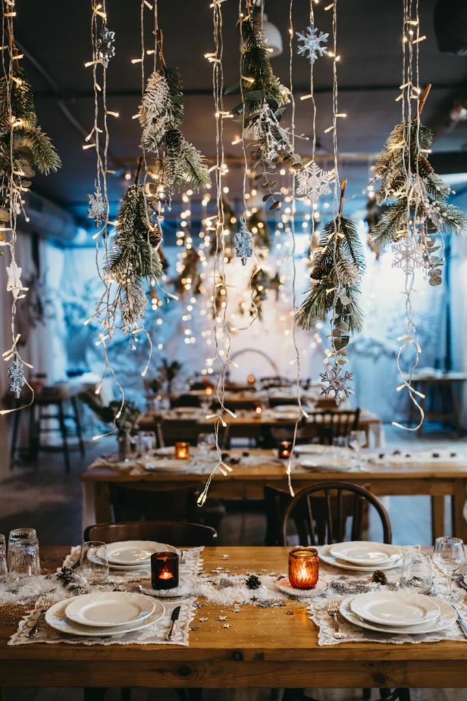 String lights (warm white fairy lights) draped vertically from ceiling to table, with eucalyptus or ivy woven between the strands. Creates a curtain effect of light and greenery. Dramatic, textured, very Pinterest-worthy