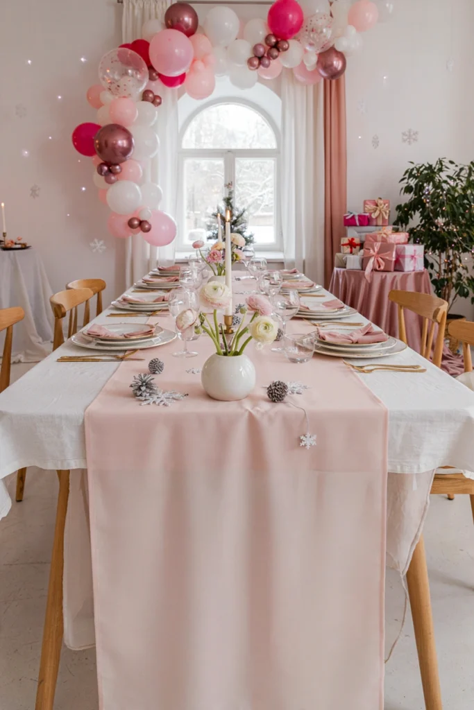 A table set with ivory or white tablecloth, overlaid with blush pink table runner down the center. White charger plates, white plates on top. Minimalist, color-blocked, modern