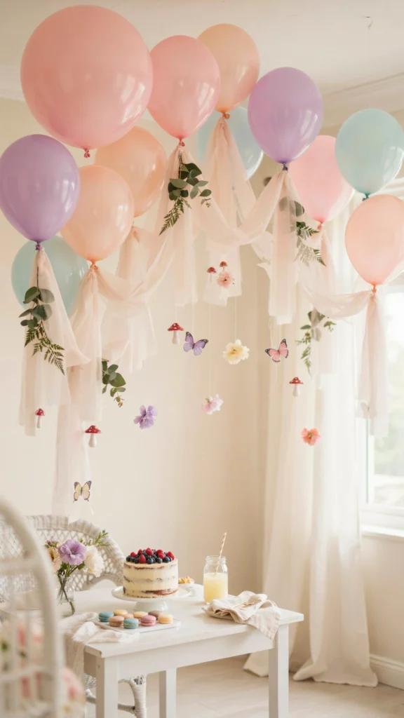 Pastel pink, peach, lavender, and mint balloons suspended from the ceiling with trailing tulle ribbons, eucalyptus, paper mushrooms, and butterflies over a dessert table