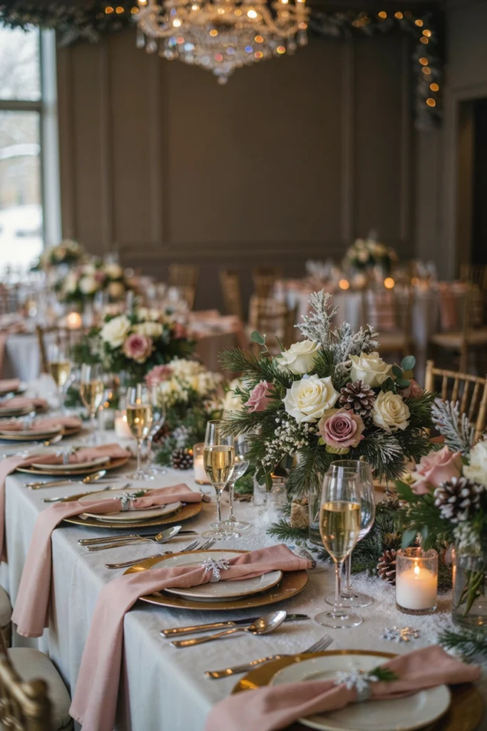 An elevated table setting with blush linens, white florals in tall crystal vases, gold metallic accents (charger plates, flatware), and crystal champagne flutes catching light. High-end, magazine-worthy
