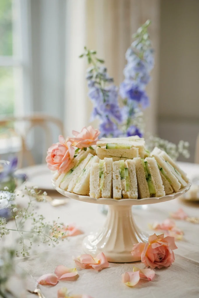 Delicate cucumber and cream cheese tea sandwiches arranged tightly on a plate garnished with fresh dill