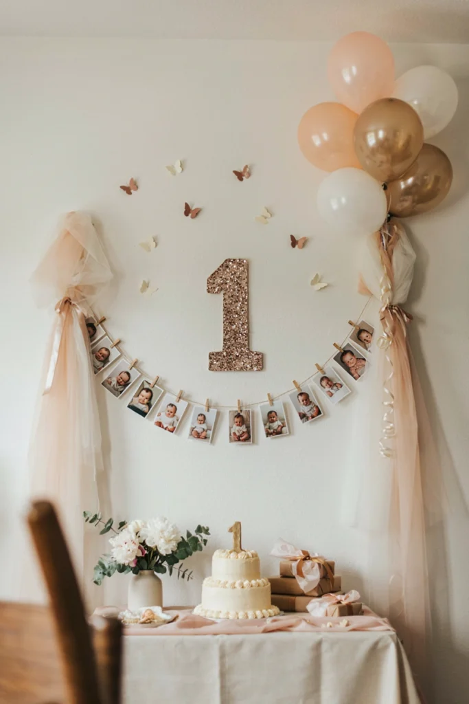 A glitter ONE banner hung above a monthly baby photo banner display for a fairy first birthday party