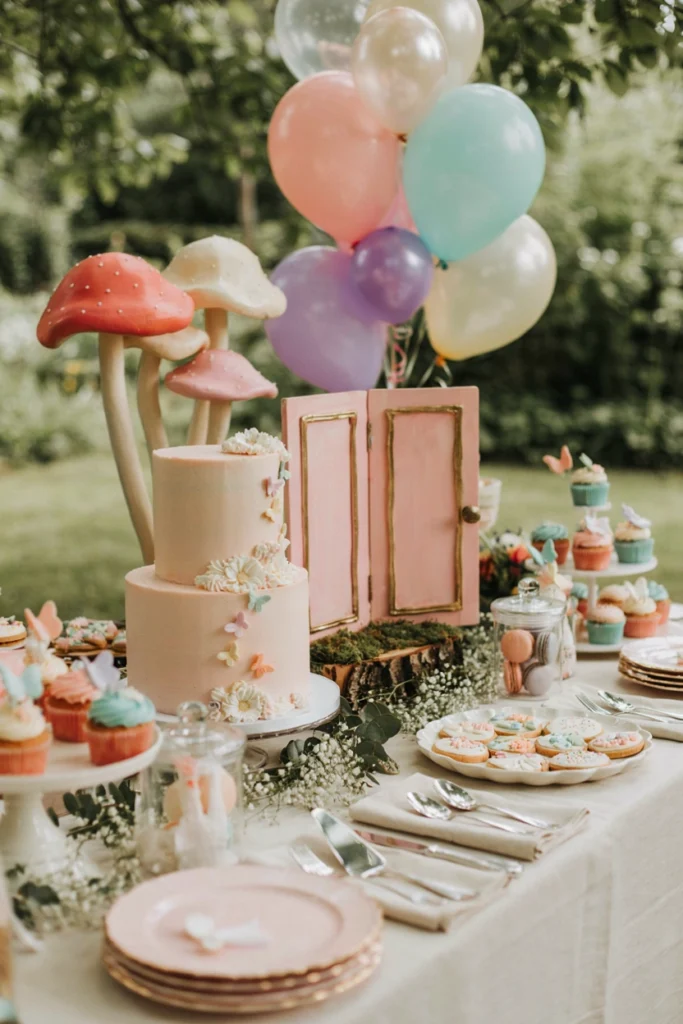 A tiny fairy door prop styled with pink mushroom and butterfly cake toppers on a dessert table