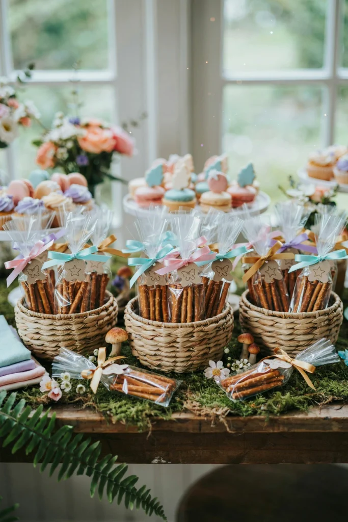 Small clear bags of pretzels tied with pastel ribbon and a printed fairy dust tag