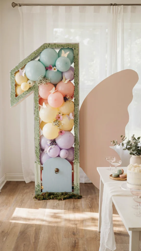 A large number one balloon mosaic filled with pastel balloons, greenery trim, butterflies, and a small blue fairy door built into the bottom for a first birthday party