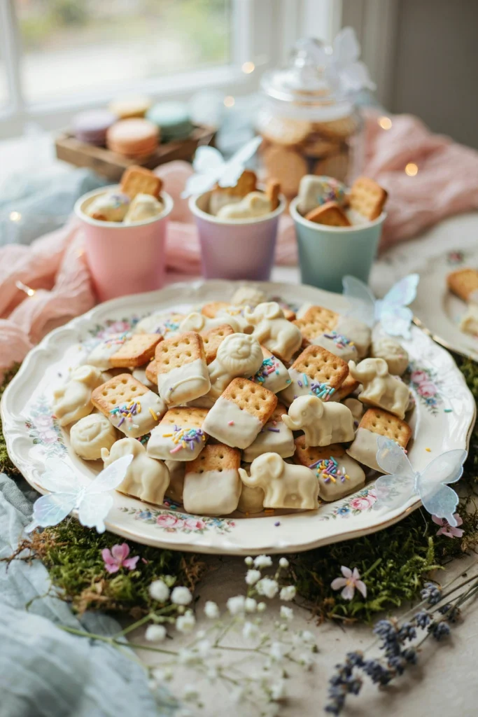 Animal crackers half-dipped in white chocolate and rolled in pastel sprinkles