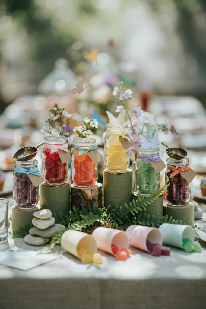 Gummy fruit snacks poured into small labeled glass jars like a candy bar