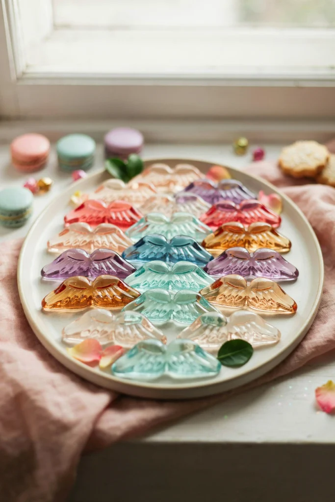 Translucent stained-glass style hard candy fairy wings backlit near a window