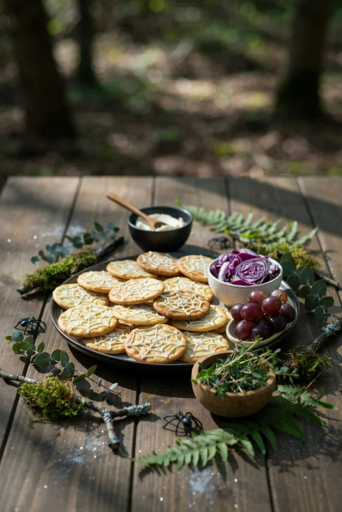 Flatbread crackers piped with a thin cream cheese spiderweb pattern