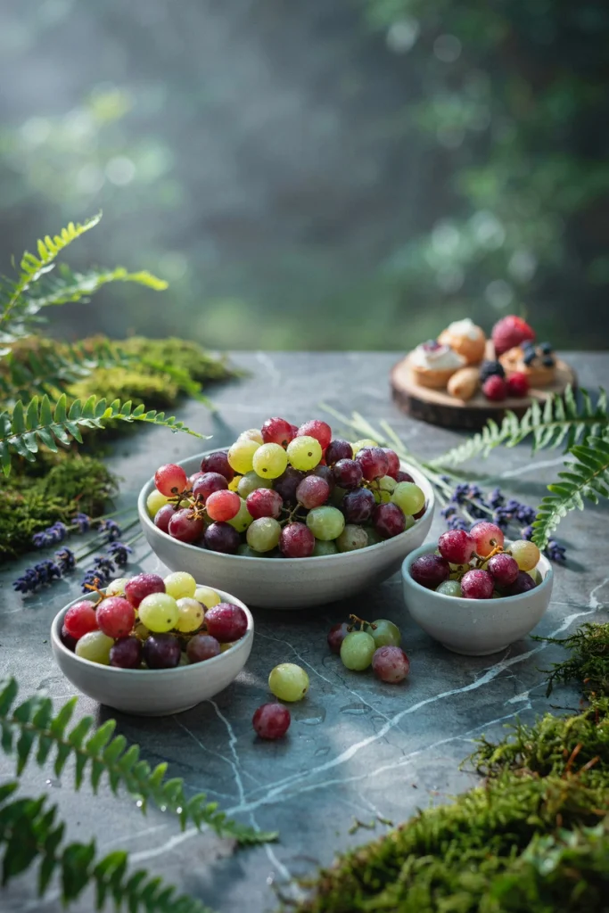 Frozen grapes piled into a bowl, looking like polished stones