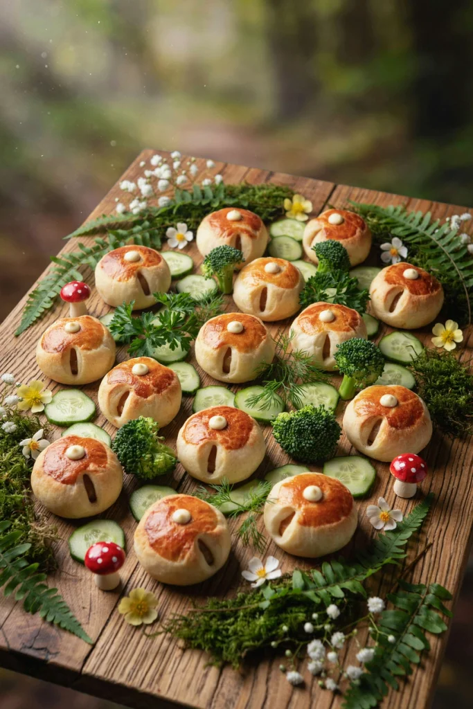 Crescent roll dough shaped and baked to resemble tiny mushroom houses