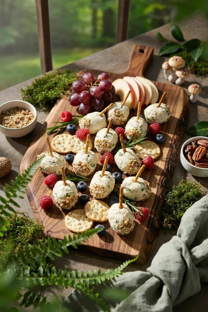 Small cream cheese acorn balls with a pretzel stick stem on top