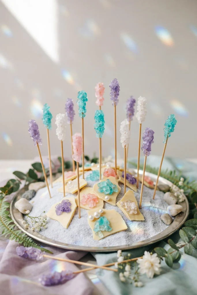 Geode bark and rock candy displayed on a dark slate board styled like a crystal cave