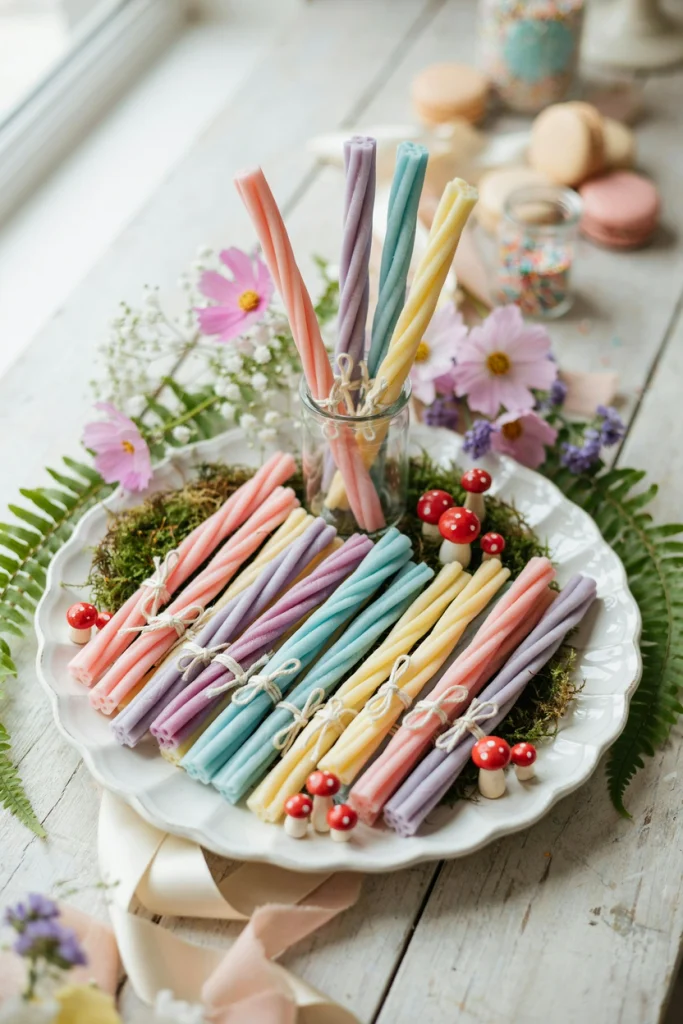 Bundles of pastel licorice laces tied with baker's twine into wand shapes
