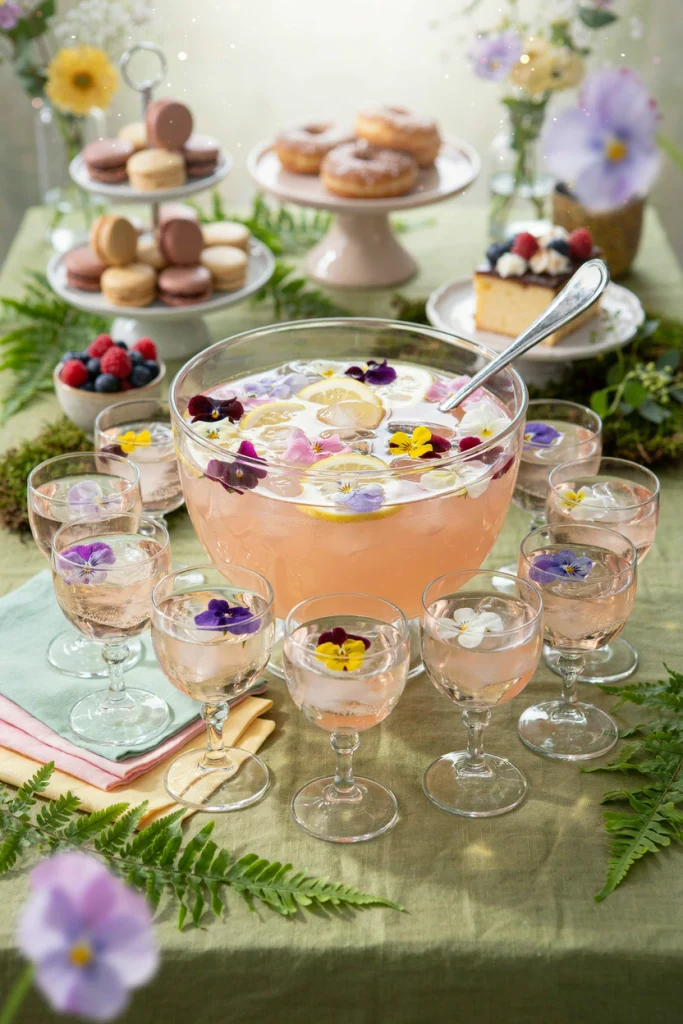 A glass punch bowl of pale pink punch with whole edible flowers floating on top
