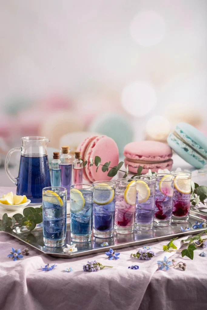 A glass of blue butterfly pea flower tea being poured with lemon, shifting from blue to purple