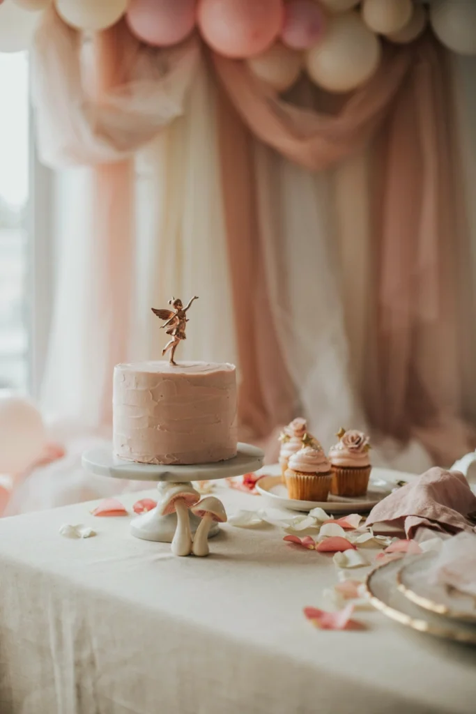 Close-up of a blush buttercream birthday cake topped with a rose gold floral fairy cake topper