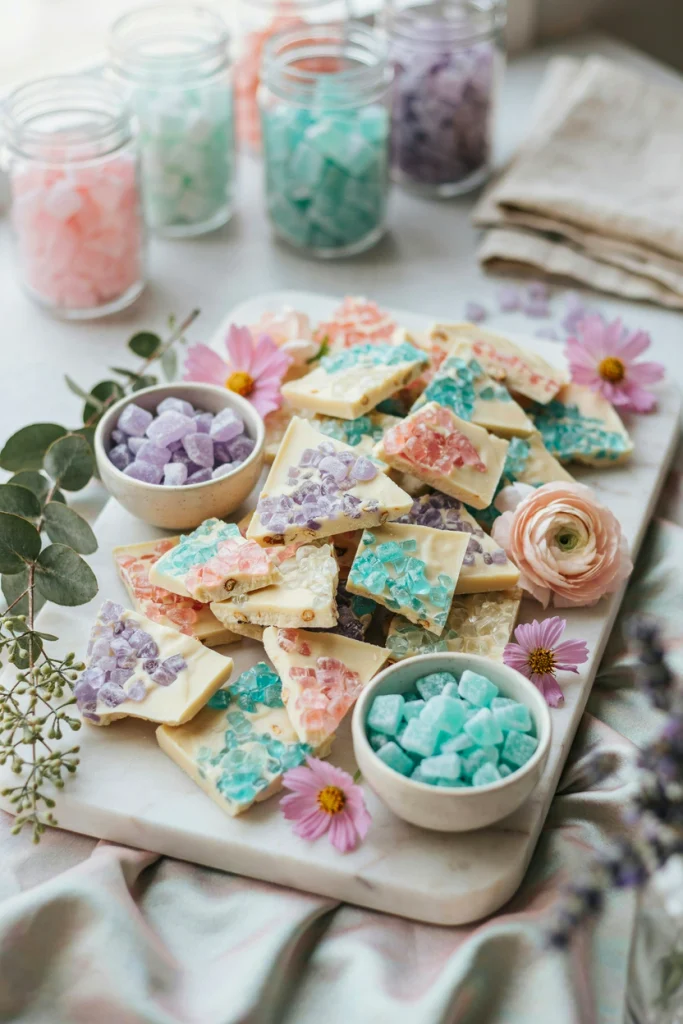 White chocolate geode bark studded with rock candy and edible glitter, broken into pieces