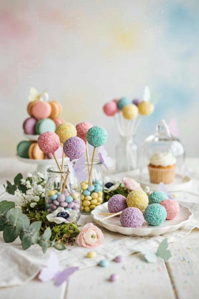 Tiny round cake pops rolled in pastel sprinkles, grouped in a jar