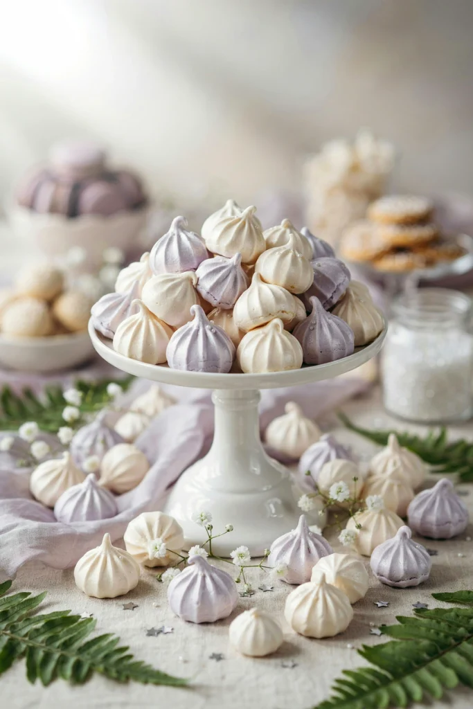 Pale lavender and white swirled meringue kisses dusted with pearl shimmer