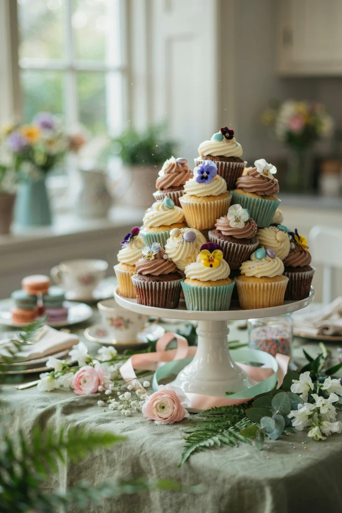 Plain bakery cupcakes topped with a single edible flower and a light dusting of shimmer