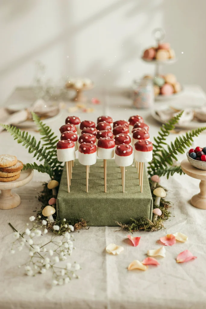 Red and white toadstool marshmallow pops standing in a moss-lined jar