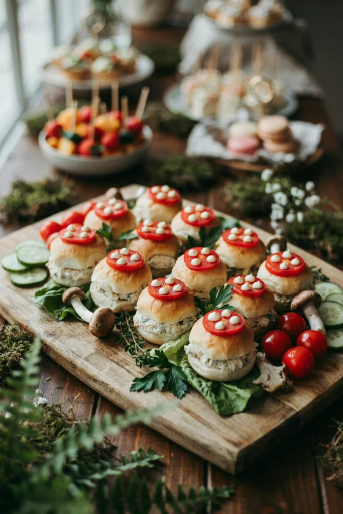 Small round sandwich rolls topped with a red pepper cap and cream cheese dots