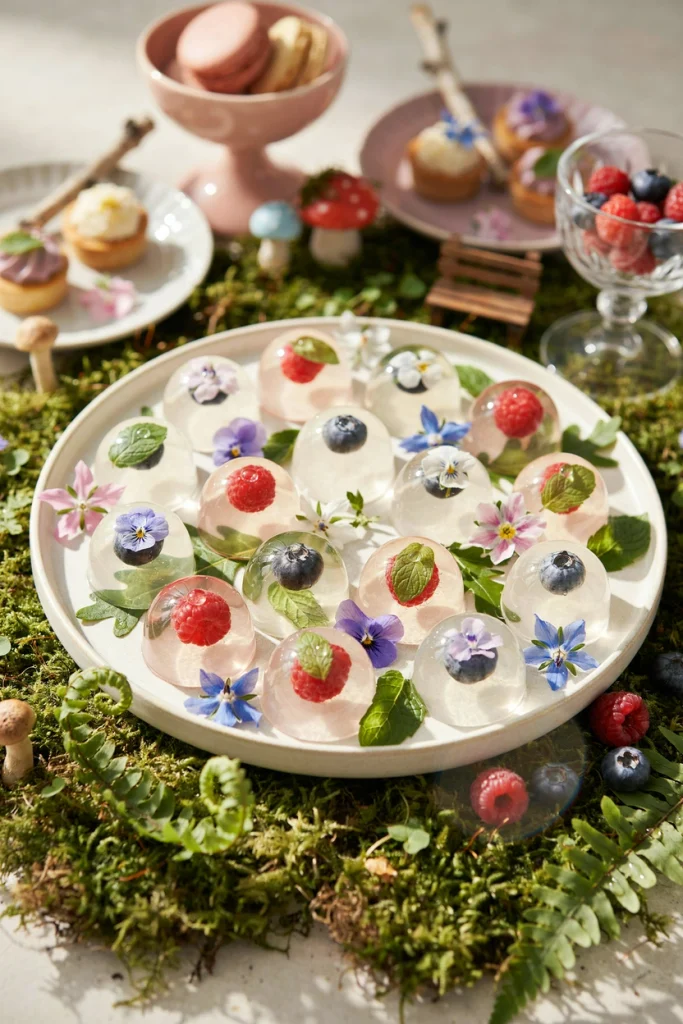 Small clear gelatin domes with edible flowers suspended inside, resting on a leaf