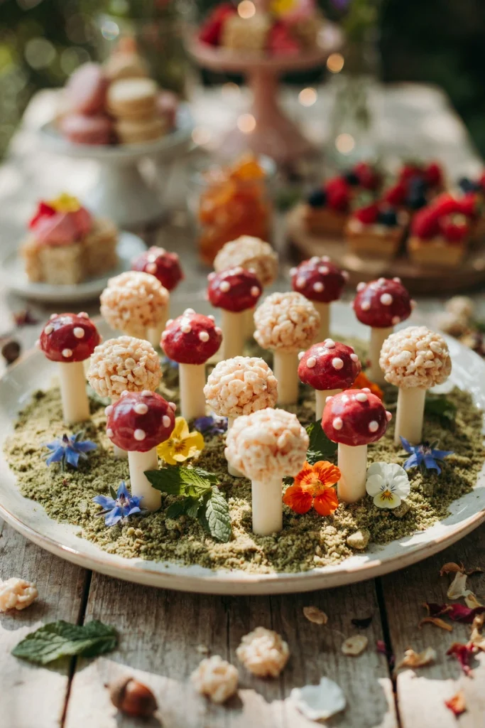 Rice Krispie treats shaped into mushroom caps with a white chocolate stem